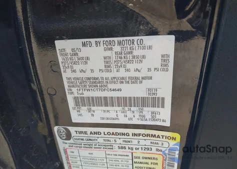 2013 Ford F-150 Limited z USA, uszkodzony, nr VIN 1FTFW1CT7DFC54649